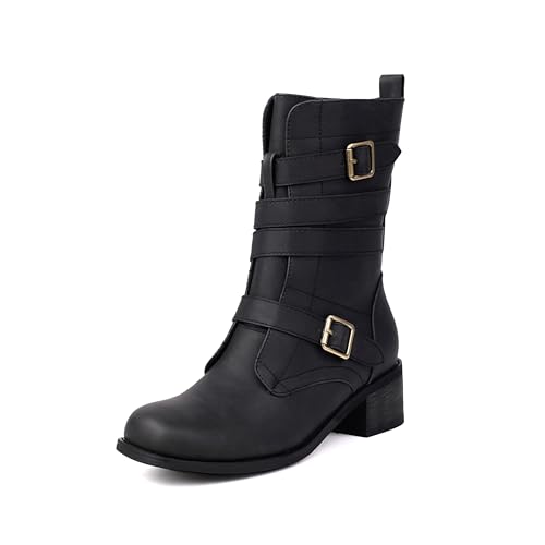 Women's Belt Buckle Mid Calf Boot,Retro Square Toe Chunky Heel Ankle High Shaft Boots,Women's Motorcycle Boots with Side Zipper Buckle Wrap Up Riding Boots.