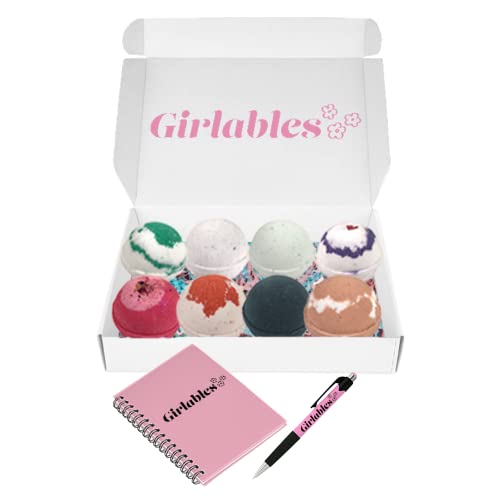 Girlables Bath Bombs Gift Set. Includes Eight Bath Bombs in Assorted Scents and a Girlables Dream Journal and Pen! Each Girlables Bath Bomb is Cruelty Free! Perfect Teen Girl Gifts!