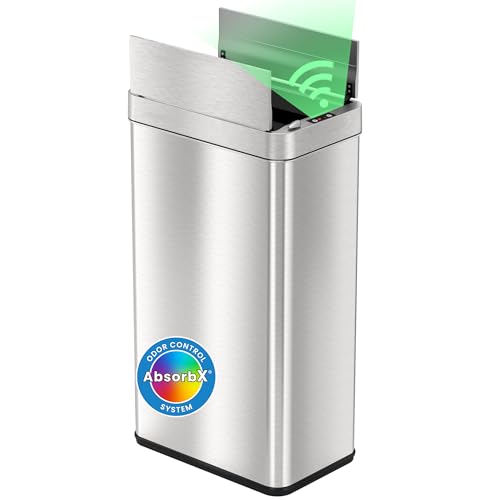 iTouchless 18 Gallon Wings Open Kitchen Trash Can with Lid and Odor Filter, Dog Proof Lid Lock 68 Liter Slim Stainless Steel Garbage Bin Home Office Bedroom Living Room Large Capacity Wastebasket by iTouchless - Used condition - US$93.05
