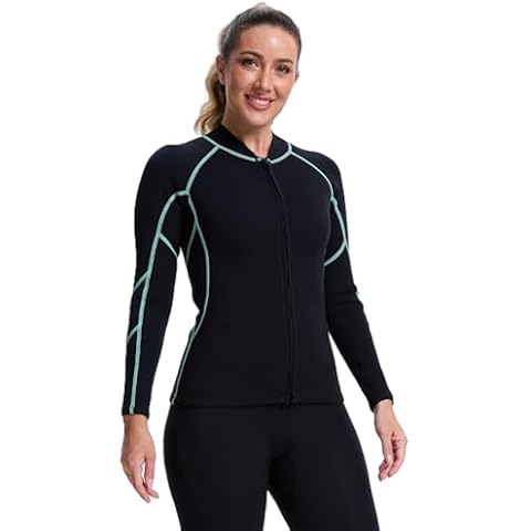 Lemorecn Women's Wetsuit Top 2mm Long Sleeve Super-Stretch Neoprene Jacket for Diving, Surfing, Snorkeling & Water Sports (2098green-M) Cover