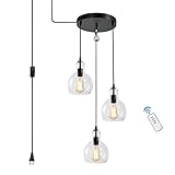 HMVPL Plug in Glass Pendant Light Fixture Remote Control 3-Lights Chandelier with 16 Ft Hanging Cord...