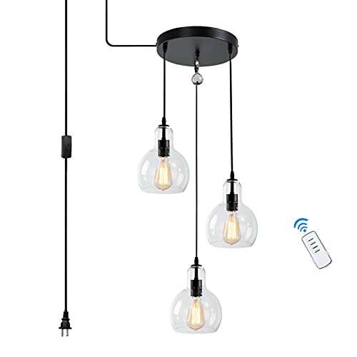 Buy HMVPL Plug in Glass Pendant Light Fixture Remote Control 3Lights
