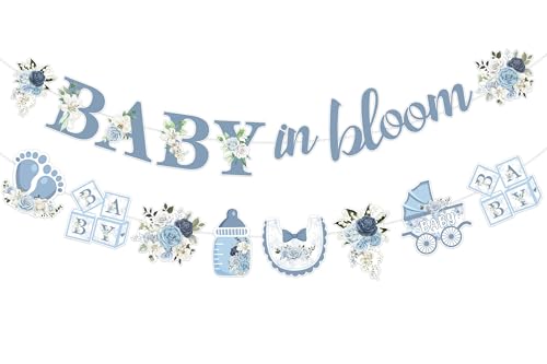 Baby in Bloom Banner Blue Floral Baby Shower Decorations Feeding Bottle Bib Flower Banner Garland for Boys Baby Shower Gender Reveal Party Pregnancy Announcement Supplies