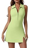 QINSEN Athletic Dress with Pockets Zip Front Polo Neck Tennis Dresses with Build in Shorts Lime Cream M