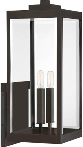 Quoizel Westover Modern Wall Sconce, 22.75 Inch Western Bronze 2-Light Outdoor Light Fixture, Clear Beveled Glass Wall Lantern, 60 W, Industrial Design Wall Light for Porch, Patio, Gazebo or Yard