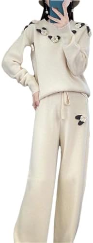 Women Pullover Long Sleeve O-Neck Knitted Tops Pants Wide Leg Pants Length Trouser Suits