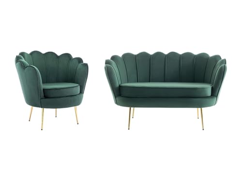 Vente-Unique-Sofá De 2 Plazas Y Sillón Con Forma De Concha De Terciopelo Verde Pino Dandelion Vente-Unique-Sofá De 2 Plazas Y Sillón Con Forma De Concha De Terciopelo Verde Pino Dandelion