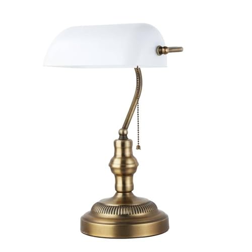 B·LED BARCELONA LED BarcelonaLED Vintage Notaire Style Banquier Lampe de Table Rétro Laiton Cuivre avec Abat-Jour en Verre Blanc E27 Chaîne Interrupteur pour Bureau Bureau