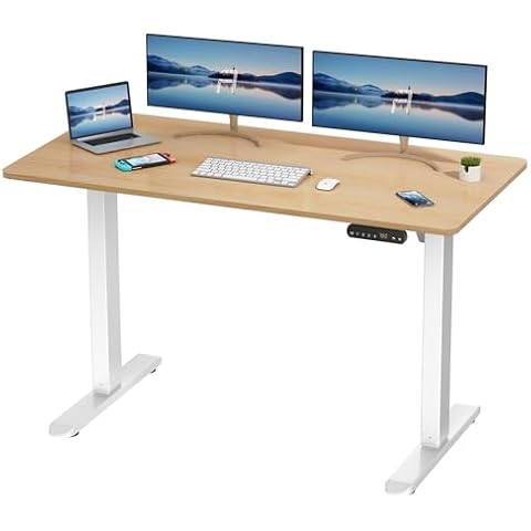 AIMEZO Height Adjustable Electric Standing Desk 48 x 24 Inches Sit Stand Desk Wood Stand Up Desk with 2-Stage and Heavy Duty Steel DIY Computer Workstation for Home Office White Frame/Nature Top Cover