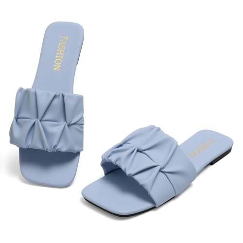 EcooInviv Women's Pleated Square Toe Slide Sandals, Trendy Wedding & Summer Flat Sandals