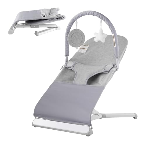 Image of VEVOR Baby Bouncer, Folding Bouncer Seat for Babies 0-9 Months, Portable Baby Bouncer Seat with 2 Reclining Angles, Rotatable Toy Bar & Carrying Bag, Ideal for Indoors Outdoors, Light Gray