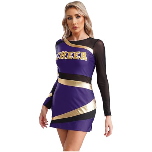 CHICTRY Robe de Cheerleading pour Femme Déguisement Uniforme Pom-Pom Girl Scolaire Robe Manches Longues Musical Dansewear Violet M