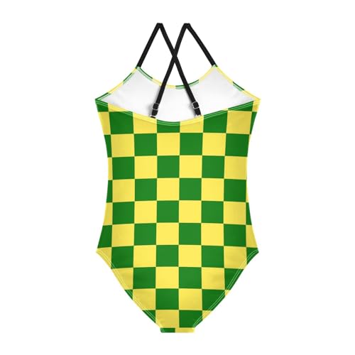 Image of Black and White Chess Girls One Piece Swimsuits Board Marble Tile Sport Halter Swimwear Beach Bathing Suit 3T