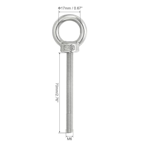 Image of PATIKIL M6 x 70mm Lifting Shoulder Eye Bolt, 3Pcs 304 Stainless Steel Lifting Ring Threaded Eyebolt with Nuts Washers for Hanging Hammocks Articles