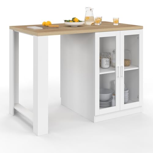 IDMarket - Ilot Central Lino 120 cm 2 Personnes Bois Blanc et Plan de Travail façon hêtre et Portes vitrées