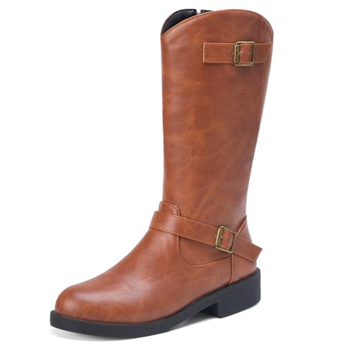 Bottes mi-mollet horse en cuir à bout rond et talon bas bloc pour femme