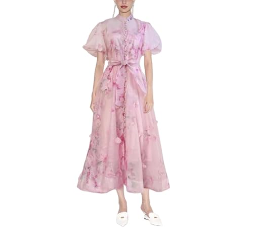 Women Midi Maxi Dress Embellished Flower Nail Puffy Sleeves Single