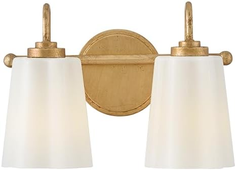 Lark Honey Small Two Light Bath Vanity, Cased Opal Glass Shade, Installed Up/Down, Distressed Brass Finish