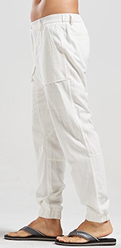 Utcoco Linen Pants Men Casual Relaxed Fit Summer Beach Jogger Yoga Pants (Small, White) #TOP2