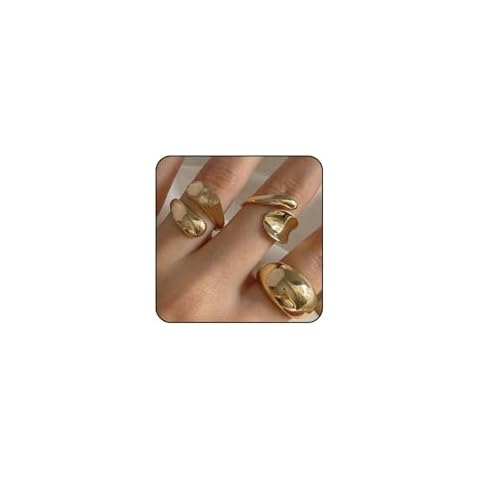 Chunky Gold Rings for Women Adjustable Silver Statement Rings Open Bold Thick Rings Gold Stackable Rings Chunky Silver Rings for Women Chunky Rings Set Silver Gold Plated Jewelry (Style6_gold 3pcs) Cover