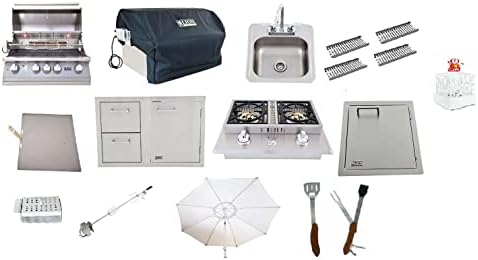 AMS Fireplace Lion BBQ Package Gas Grill 32"| Double Side Burner, Door Drawer Combo| Vertical Door, Sink with Faucet and Accessories | (Natural Gas) | Free Table-top Bio Ethanol Fire Pit.