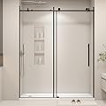 56-60”W x 76" H Upgraded Single Sliding Frameless Shower Door, Frameless Shower Door with Explosion-Proof Film and Nano Coating, 1/4” (6MM) SGCC Tempered Glass, Matte Black Finish