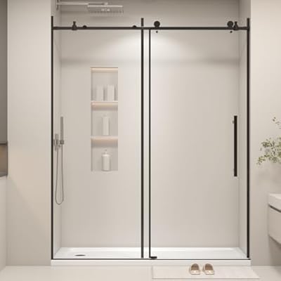 56-60”W x 76" H Upgraded Single Sliding Frameless Shower Door, Frameless Shower Door with Explosion-Proof Film and Nano Coating, 1/4” (6MM) SGCC Tempered Glass, Matte Black Finish