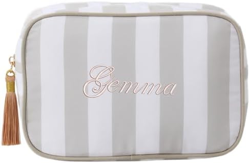 Threadart Personalized Striped Cosmetic Bag with Embroidery - Beige Stripes – Custom Name on Makeup & Toiletry Pouch for Travel, Gifts, Bridesmaids, Moms & Daughters – 10"x6"x4"