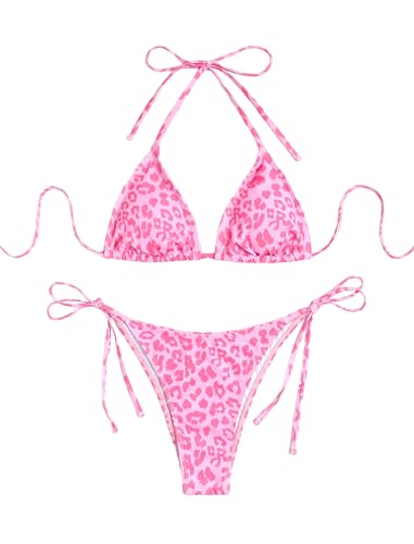 Image of ZAFUL Womens Printed Triangle Bikinis 2 Piece Halter Bikini Sets High Cut Bathing Suit Side Tie Swimsuits