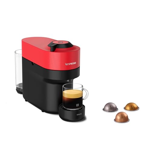 Krups Nespresso VERTUO Pop XN9205   Cafetera de cápsulas, máquina de café expreso, 4 tamaños tazas, tecnología Centrifusion, 35 % plástico reciclado, Color Rojo