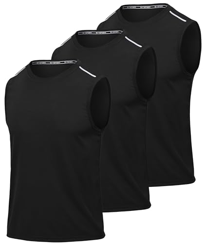 EIHEYA Sport T Shirts for Men Sleeveless Quick Dry Gym Workout Tanks Mens 3 Pack Breathable Polyester Tops Black 3XL