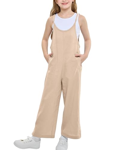 Rolanko Girls Jumpsuit Adjustable Spaghetti Strap Loose Overalls Rompers, Cotton Baggy Plain Playsuits with Pockets for Age 5-12 Years, Khaki, Size: 10-11 Years,150