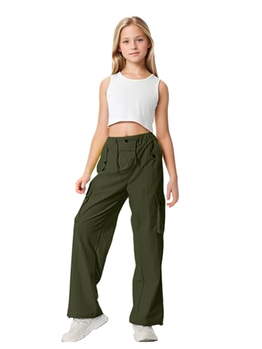 Image of HENGAO Girls Cargo Pants Parachute Casual Jogger Y2K 5-14 Years | Kids Baggy pants Parachute, Drawstring, with Pockets, Elastic High Waist, Loose Trousers Streetwear