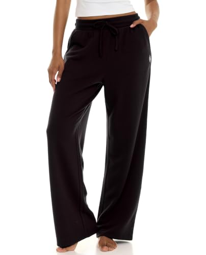 U.S. POLO ASSN. Wide Leg Sweatpants for Women Soft Fleece-Backed Jersey Knit Baggy Sweatpants Open Leg (Black Large)