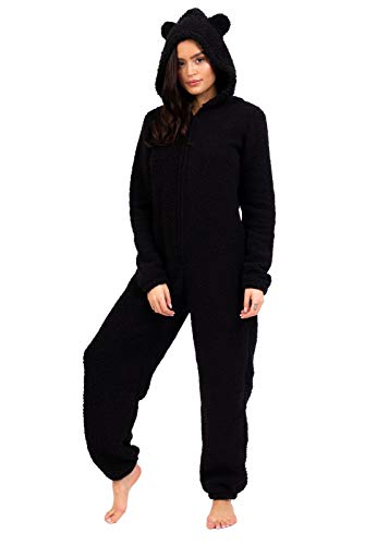 Loungeable Damen Jumpsuit Overall Tiere Gesichter Öhrchen 3D Kapuze Black Sherpa All in one with Ears 798085BLA M