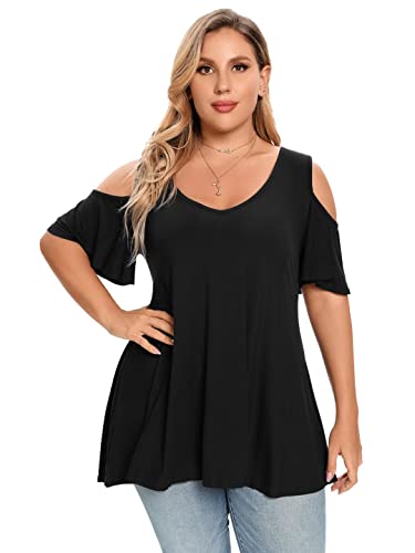 LARACE Plus Size Tunic Tops For Women V neck Short Sleeve T-shirt Cold Shoulder Loose Summer Tops Blouse