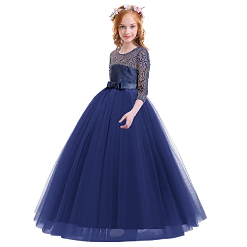 Image of Girls Flower Vintage Floral Lace 3 /4 Sleeves Floor Length Dress Wedding Party Evening Formal Pegeant Dance Gown