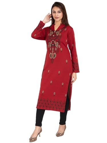 Image of Rosary Women's Winter Wear Jacquard Woolen Straight Kurti with 2 Side Pockets