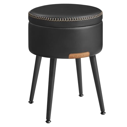 VASAGLE EKHO Collection - Storage Ottoman, Vanity Chair Stool, Synthetic Leather with Stitching, Mid-Century Modern, Round Storage Seat with Steel Legs, Loads 330 lb, Ink Black ULOM005B01