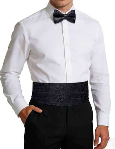 Image of Paisley Floral Tuxedo Cummerbund Bow Tie Pocket Square Set for Men | 3-piece set:cummerbund,bow tie&pocket square.Adjustable back for comfort.Silk blend,wedding,proms,black tie&formal events.