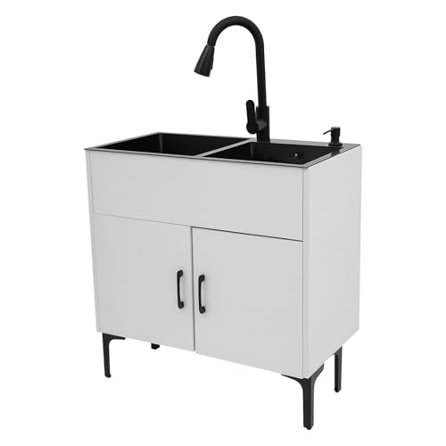 30-Inch Laundry Sink with Cabinet and Pull-Out Faucet, Stainless Steel Utility Sink with Cabinet, Freestanding All-in-One Kitchen Sink Cabinet for Laundry & Utility Room, Kitchen, Bathroom (White)