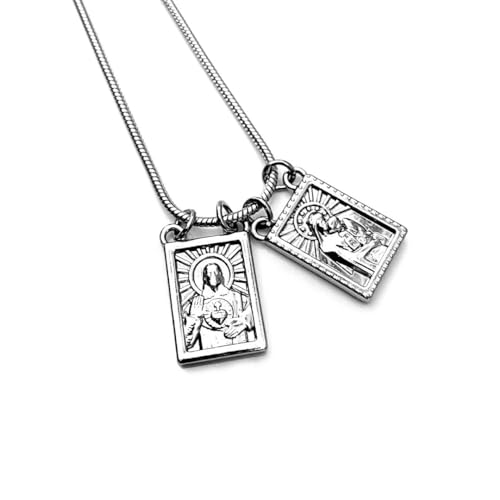 Escapulário prata masculino Nossa Senhora do Carmo e Sagrado Coração de Jesus