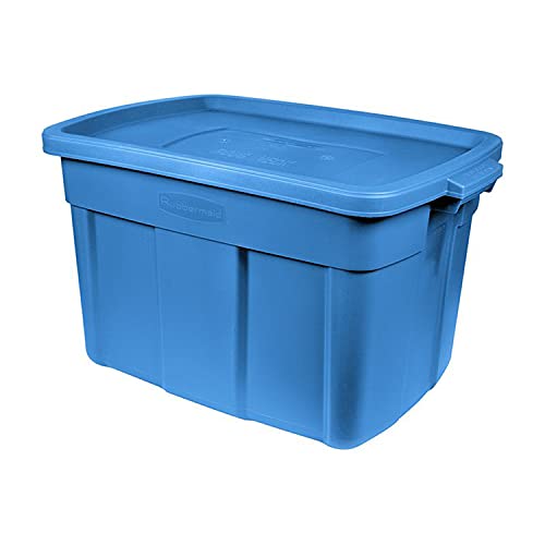 Image of Rubbermaid Roughneck Tote 25 Gal, 4 Pack, Made in USA, Heritage Blue, Rugged Plastic Stackable Storage Bins with Lids and Handles