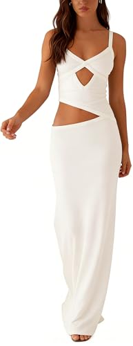 Image of Yiulangde Women Sexy Cut Out Maxi Dress Spaghetti Strap Backless Bodycon Dress Y2k Formal Hollow Out Sleeveless Long Dresses