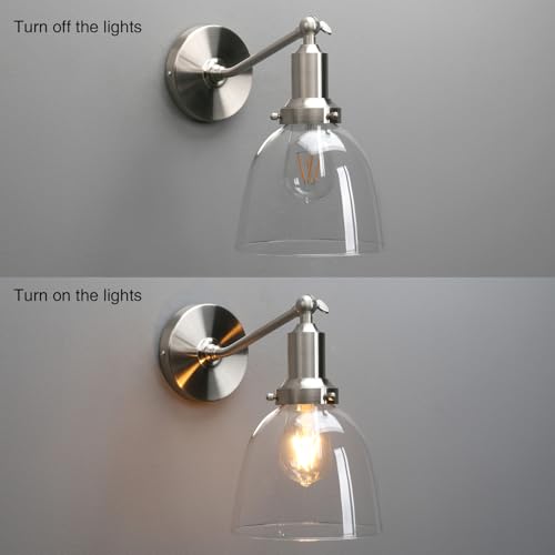 Image of PERMO Industrial Vintage Slope Pole Wall Mount Single Sconce with 6.7 inch Oval Dome Clear Glass Shade Wall Sconce Light Lamp Fixture (Brushed Nickel)