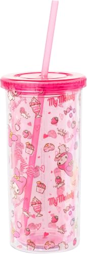 Image of Silver Buffalo Sanrio Hello Kitty & Friends My Melody Strawberry Donut and Milkshake Pattern Plastic Cold Cup with Lid and Straw, 20 Ounces (Pack of 12)