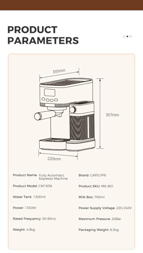 Cafelffe MK-801 Espresso Machine 20 Bar Coffee Maker with Automatic Frother for Cappuccino, Latte and Espresso, Double Boiler with PID Temperature Control, Self-Cleaning, Stainless Steel - Image 8