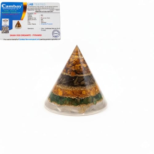 Image of Certified Conical Dhanyog Crystal Pyramid with Selenite Base | 5-in-1 Money Magnet Pyramid with Pyrite Citrine Green Jade Tiger Eye & Selenite | Wealth Prosperity Vastu Decor for Home Office
