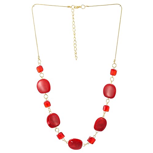 COOLSTEELANDBEYOND Color Oro Cadena Collar Gargantilla Choker con Rojo Cubo Cristal Cuentas Resina Piedras Círculo Colgante