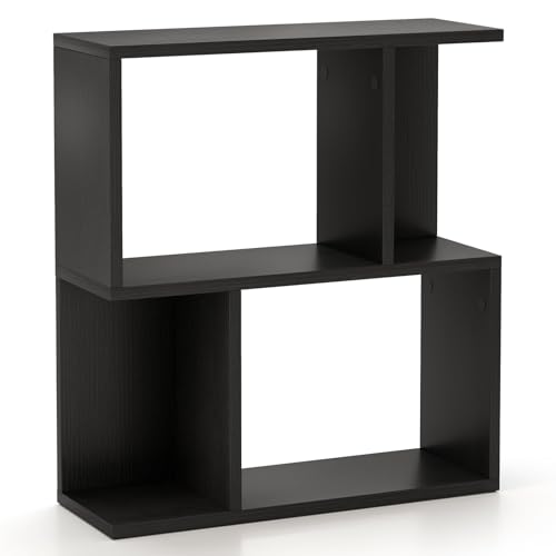 COSTWAY Wooden Bookshelf, 3-Tier Freestanding Storage Bookcase with Compartments, S-Shaped Display Shelf Open Rack Shelving Unit for Living Room, Bedroom and Office (Black, with Extra Shelf)